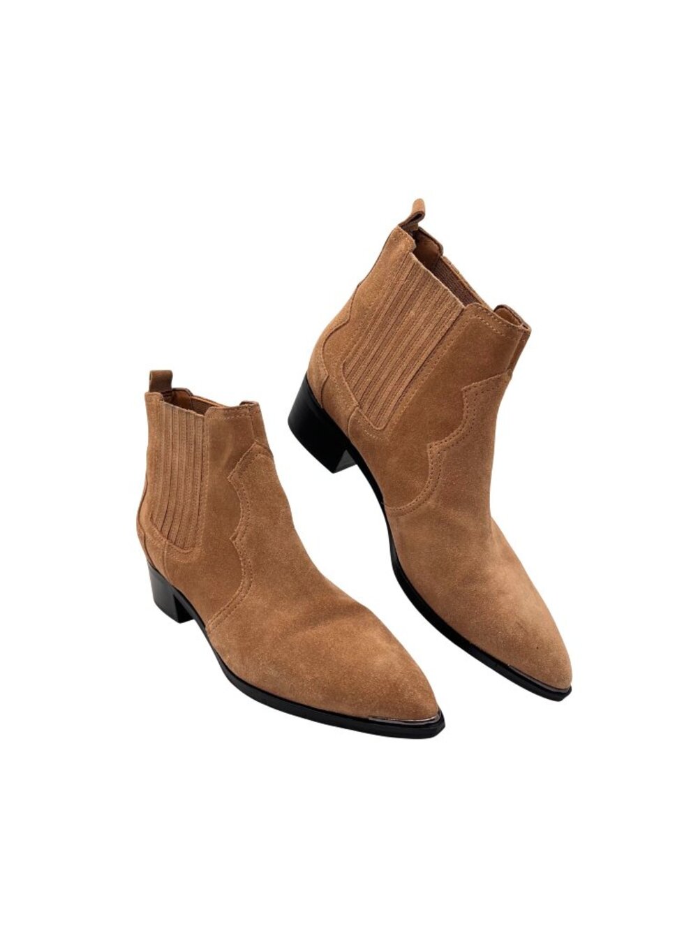 Marc Fisher Tan Suede Pointed Toe Ankle Boots Womens Size 7.5M Elastic Slip-On